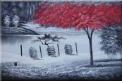 Red Tree in Black and White Landscape Oil Painting Naturalism 24 x 36 inches