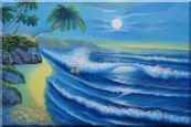 Evening Blue Ocean Wave with Palm Trees Oil Painting Seascape America Naturalism 24 x 36 inches