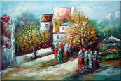 Ladies at Rural Village Street in Sunny Day Oil Painting Impressionism 24 x 36 inches