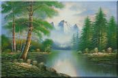 Quiet Path to Calm Lake within Forest Oil Painting Landscape Tree Naturalism 24 x 36 inches