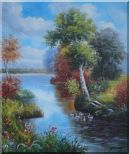 Ducks Playing in a Beautiful Lake Oil Painting Landscape River Animal Bird Naturalism 24 x 20 inches