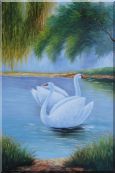 Pair of White Swans Enjoy Pleasant Time On Lake Oil Painting Animal Naturalism 36 x 24 inches