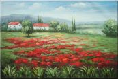 Small Hut Surrounded by Poppies in Tuscany, Italy Oil Painting Landscape Field Impressionism 24 x 36 inches
