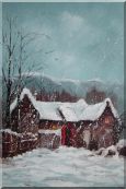 Cottage in Winter White Falling Snow Oil Painting Village Classic 36 x 24 inches
