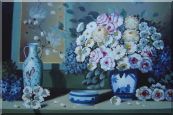 Still Life Ceramic Jug, Ashtray with Flowers in Vase Oil Painting Bouquet Impressionism 24 x 36 inches