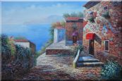 Mediterranean Stone Village with Beautiful Flowers Oil Painting Naturalism 24 x 36 inches