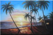 Hawaii Retreat with Palm Trees on Sunset Oil Painting Seascape America Naturalism 24 x 36 inches