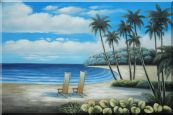 Two Chairs at the Hawaii Beach with Palm Trees Oil Painting Seascape America Naturalism 24 x 36 inches