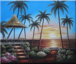 Hawaii Straw Hut with Palm Trees on Sunset Oil Painting Seascape America Naturalism 20 x 24 inches