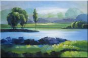 Lake, Mountain, Trees in A Green Setting Oil Painting Landscape River Impressionism 24 x 36 inches