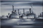Shanghai Skyline, Huangpu River Oil Painting Cityscape Black White Modern 24 x 36 inches