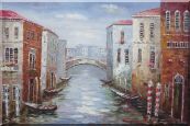 Parking Boats and Small Bridge of Canal of Venice Oil Painting Italy Impressionism 24 x 36 inches