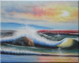 Sea Waves, Rocks, Sea Birds, Mountain At Sunset Oil Painting Seascape Naturalism 24 x 30 inches