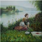 Lady Picknick in Spring Lakeside Oil Painting  24 x 24 inches