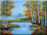 Golden Aspen Trees and Small Waterfall Oil Painting Landscape Autumn Naturalism 36 x 48 inches