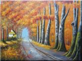 Road Pass Through a Small Cottage Under Golden Forest Oil Painting Landscape Tree Autumn Naturalism 36 x 48 inches