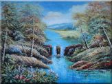 Small Waterfall in Blue Water Stream, Flowers, Trees Oil Painting Landscape Naturalism 36 x 48 inches