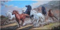 Group of  Energetic Wild Horses Galloping Under Mountain Oil Painting  30 x 60 inches