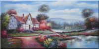 Rural Cottage, Flowers, Stream And Small Path Oil Painting  24 x 48 inches