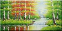 Waterfall, River Side Golden Trees in Autumn Oil Painting Landscape Naturalism 24 x 48 inches