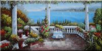 Mediterranean Patio and White Sailing Boats Oil Painting Naturalism 36 x 72 inches