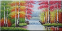 Waterfall In Autumn Forest Oil Painting Landscape Tree Naturalism 24 x 48 inches