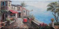 Mediterranean Stone House and Paveway With Stunning Sea View Oil Painting Naturalism 24 x 48 inches