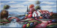 Large Rural House in Colorful Flowers along Riverside and Stone Bridge Oil Painting Village Landscape Classic 24 x 48 inches