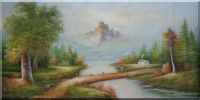 Small Trail and Creek with Snow Mountain and Trees Oil Painting Landscape River Naturalism 36 x 72 inches
