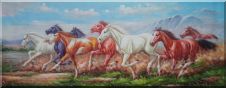 Group of Energetic Wild Horses Galloping Under Mountain Oil Painting  28 x 72 inches