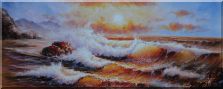 Sea Waves Crashing Rocks, Seagulls, Golden Sunset Oil Painting Seascape Naturalism 28 x 70 inches