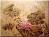 Blooming Fresh Pink Lotus Flower in Rain Oil Painting Asian 30 x 40 inches