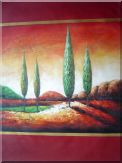 Modern Green Cypress Trees in Red Landscape Oil Painting 40 x 30 inches