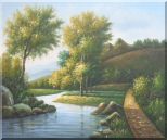 Trees, Wild Flowers Path, and Winding Small River Oil Painting Landscape Classic 20 x 24 inches