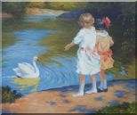 Girls and Swan, Edward Henry Potthast Reproduction Oil Painting Portraits Child Impressionism 20 x 24 inches