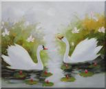 Pair of Swans Enjoys Happy Time in Beautiful Lily Pond Oil Painting Animal Naturalism 20 x 24 inches