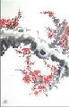 Original Chinese Painting - Blooming Red Plum in Winter by Cao Feng 27 x 18 inches