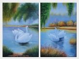 Pair of Swans in Lake - 2 Canvas Set Oil Painting Animal Naturalism 36 x 48 inches