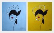 Blindfolded Blonde Group Painting - 2 Canvas Set Oil Portraits Woman Pop Art 24 x 40 inches