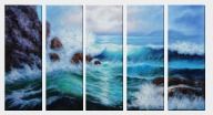 Sea Waves Crash Against Rocks - 5 Canvas Set Oil Painting Seascape Naturalism 36 x 65 inches