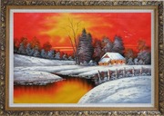 A Snow Coverd Cottage in Winter Forest at Christmas Sunset Oil Painting Landscape River Naturalism Ornate Antique Dark Gold Wood Frame 30 x 42 inches