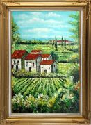 Tuscan Village in a Landscape Oil Painting Italy Naturalism Gold Wood Frame with Deco Corners 43 x 31 inches