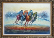 Horse Racing Oil Painting  Ornate Antique Dark Gold Wood Frame 30