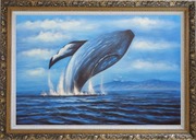 Whale Jumping Out of the Water Oil Painting Animal Marine Life Naturalism Ornate Antique Dark Gold Wood Frame 30 x 42 inches