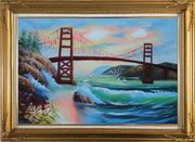 Golden Gate Bridge in San Francisco Oil Painting Seascape America Naturalism Gold Wood Frame with Deco Corners 31 x 43 inches