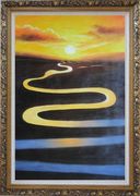 Winding River on Sunset Oil Painting Landscape Naturalism Ornate Antique Dark Gold Wood Frame 42 x 30 inches
