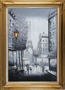 People Walk on Paris Street to Eiffel Tower, Black and White Oil Painting Cityscape Impressionism Gold Wood Frame with Deco Corners 43 x 31 inches