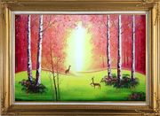 Deer Play in Red and Yellow Site in Forest Oil Painting Animal Naturalism Gold Wood Frame with Deco Corners 31 x 43 inches