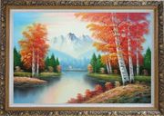 Autumn Colors Along A Small River Oil Painting Landscape Tree Naturalism Ornate Antique Dark Gold Wood Frame 30 x 42 inches