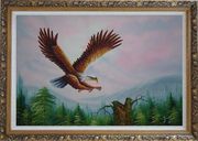 Bald Eagle over Forest Oil Painting Animal Naturalism Ornate Antique Dark Gold Wood Frame 30 x 42 inches